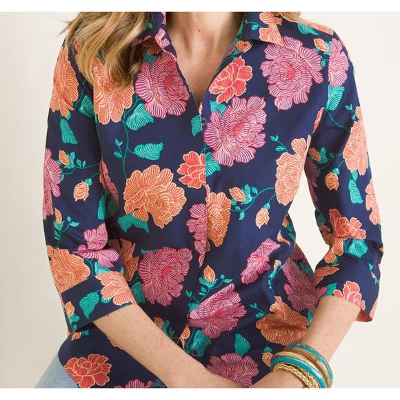 Chicos Blouse Size 12 Orange Pink Floral 100% Cotton Colorful Business Casual - Picture 2 of 9